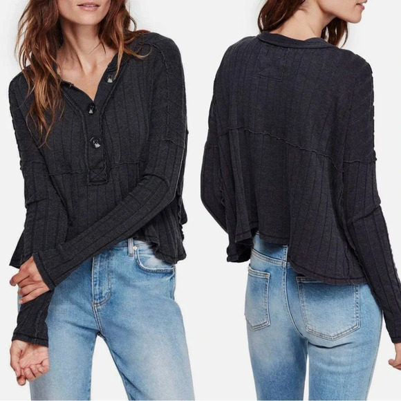 We The Free Tops - We The Free In The Mix Ribbed Oversized Long Sleeve Henley Top Charcoal Gray XS